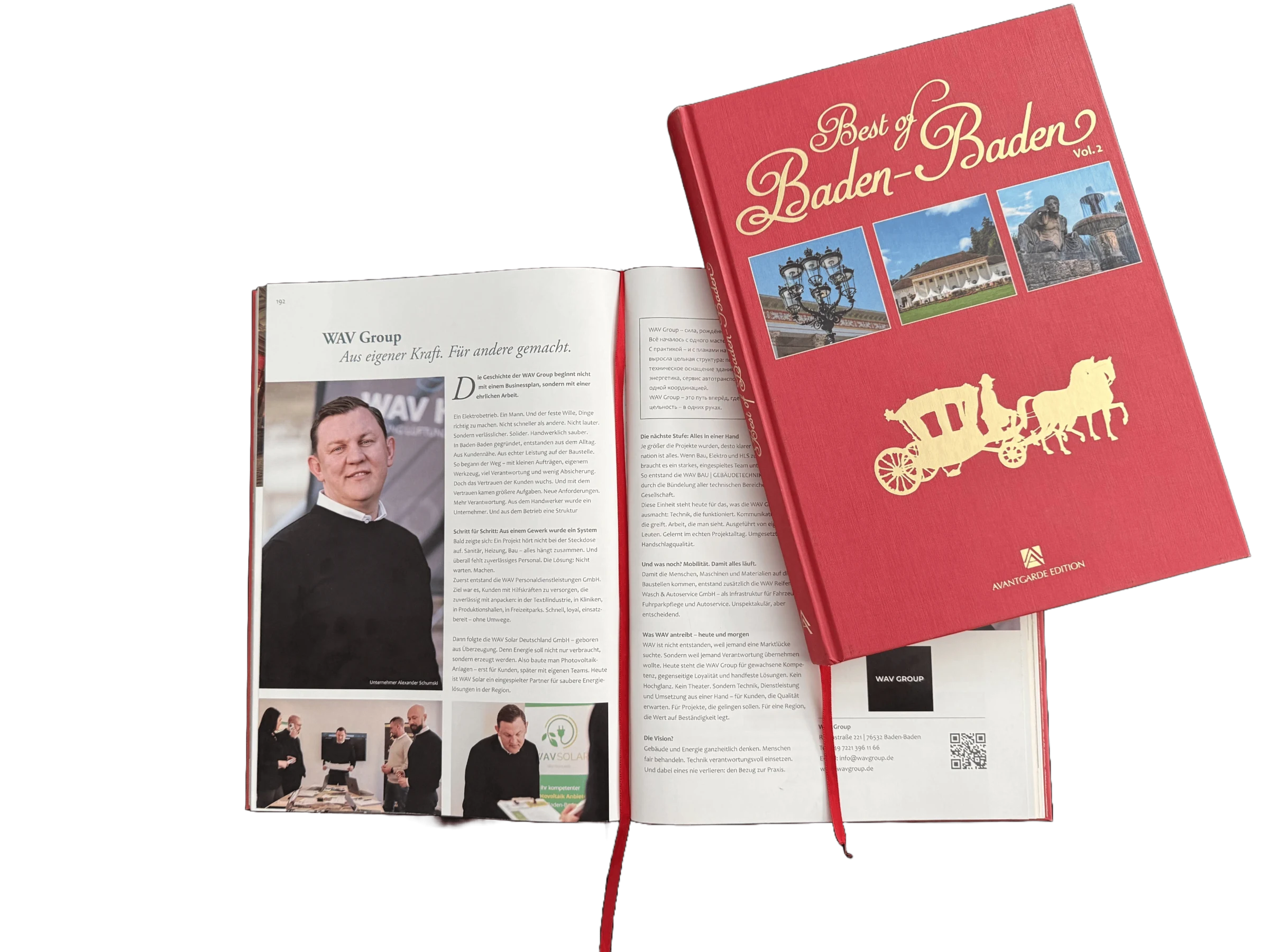 Aufgeschlagenes WAV Group Magazin und das Buch Best of Baden-Baden Vol. 2